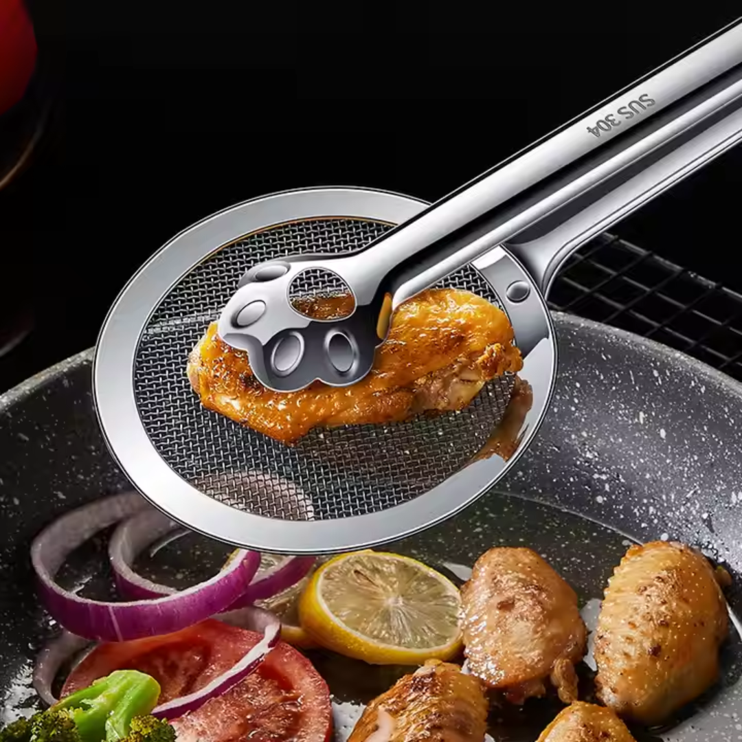 Deep Frying Oil Strainer with Clip Tong - Gold and Silver Stainless Steel - Image 2