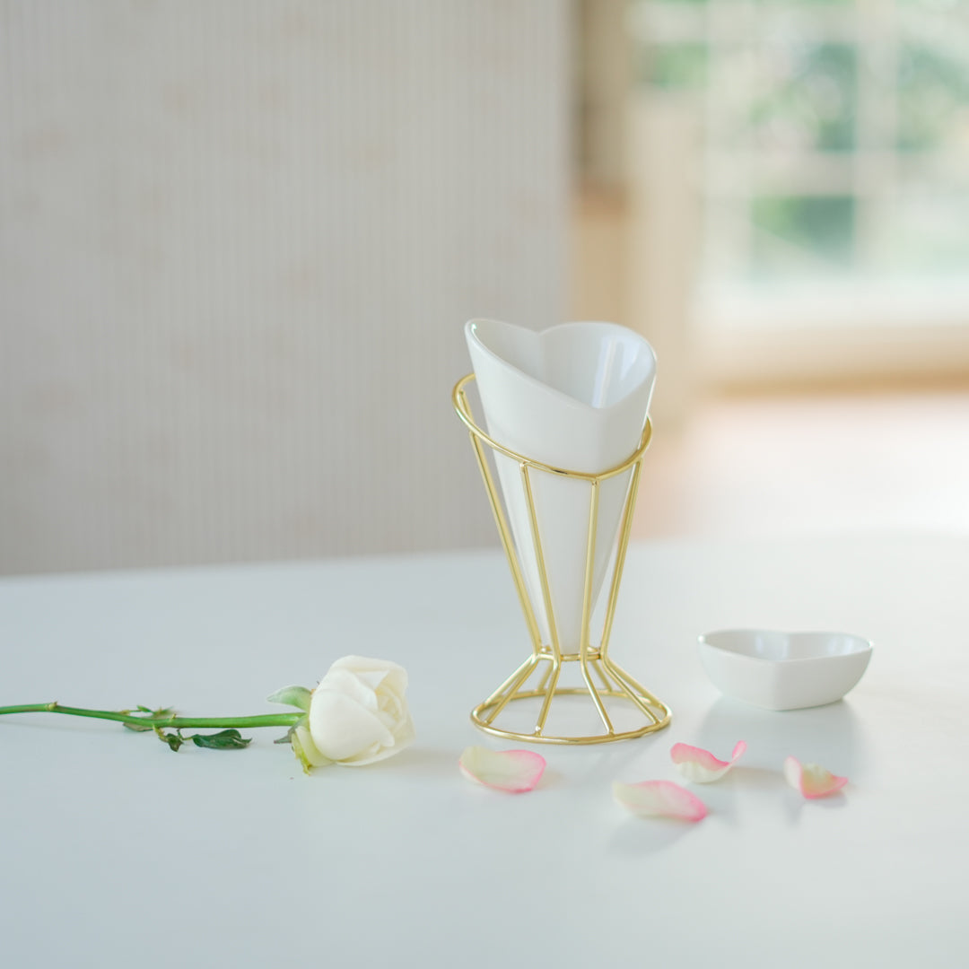Heart Snack Cone with Gold Stand & Dip Bowl | Porcelain Serveware - Image 2