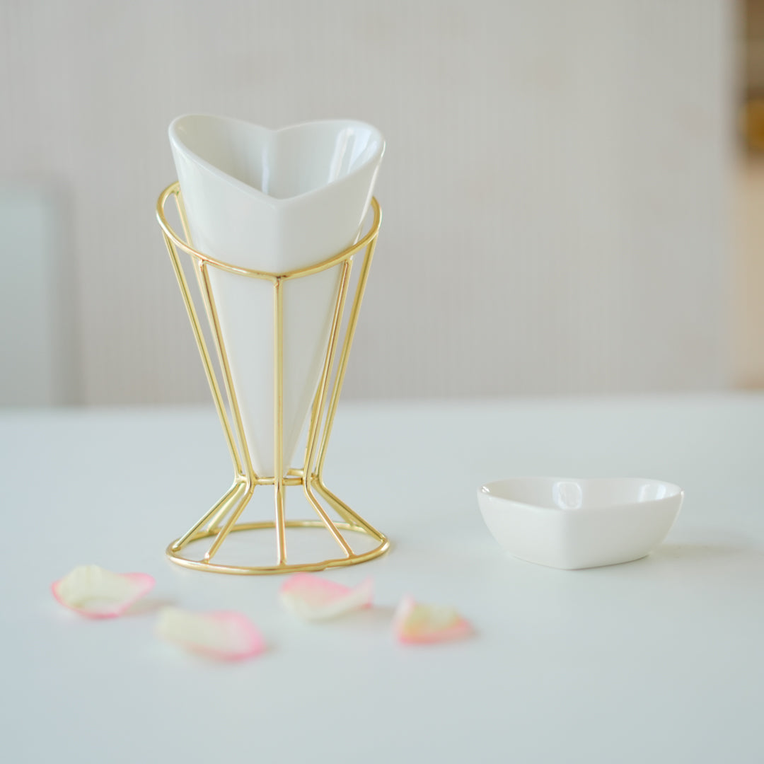 Heart Snack Cone with Gold Stand & Dip Bowl | Porcelain Serveware - Image 9
