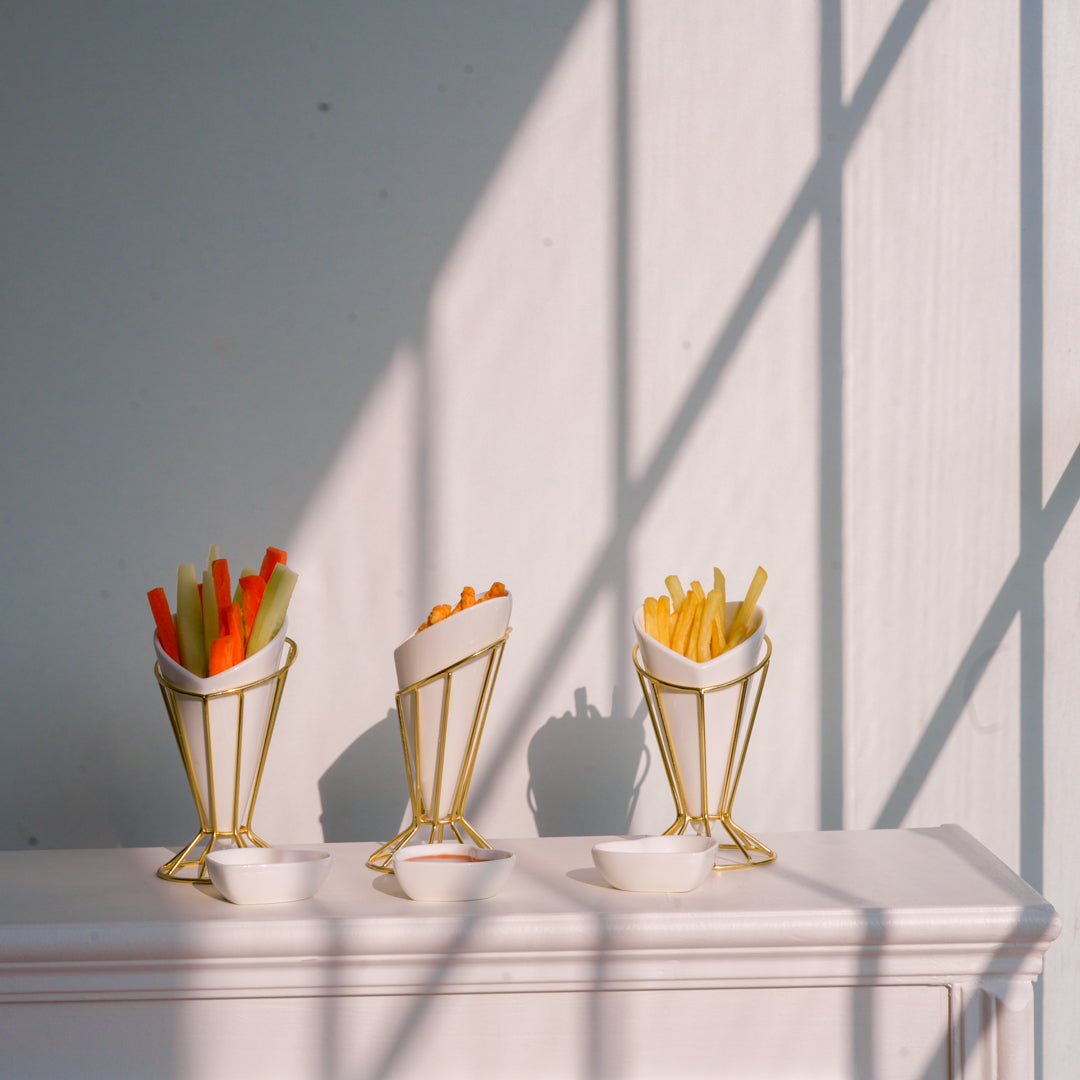 Heart Snack Cone with Gold Stand & Dip Bowl | Porcelain Serveware - Image 4