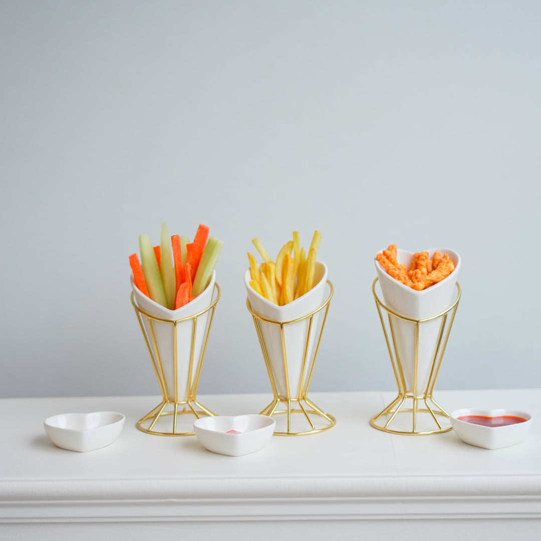 Heart Snack Cone with Gold Stand & Dip Bowl | Porcelain Serveware - Image 3