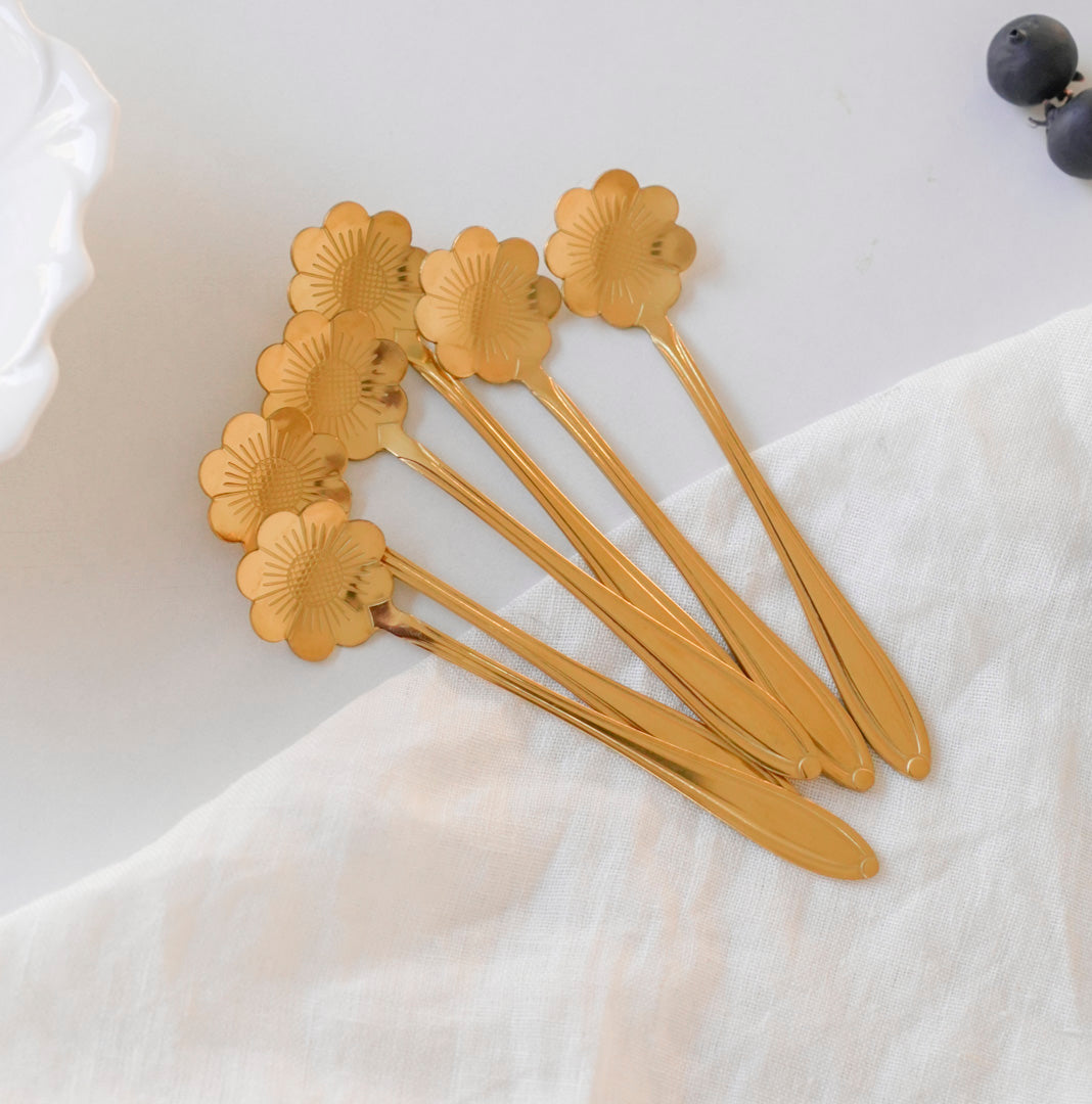 Small Dessert & Tea Spoons | Set of 6 | Gold Chrysanthemum Flower - Image 3