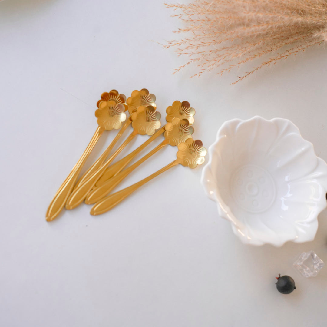 Small Dessert & Tea Spoons | Set of 6 | Gold Chrysanthemum Flower - Image 2