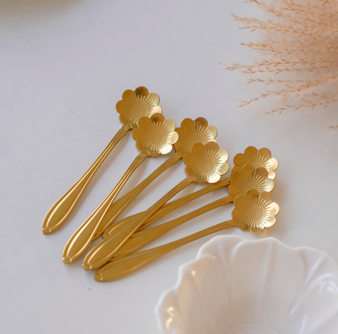 Small Dessert & Tea Spoons | Set of 6 | Gold Chrysanthemum Flower - Image 6