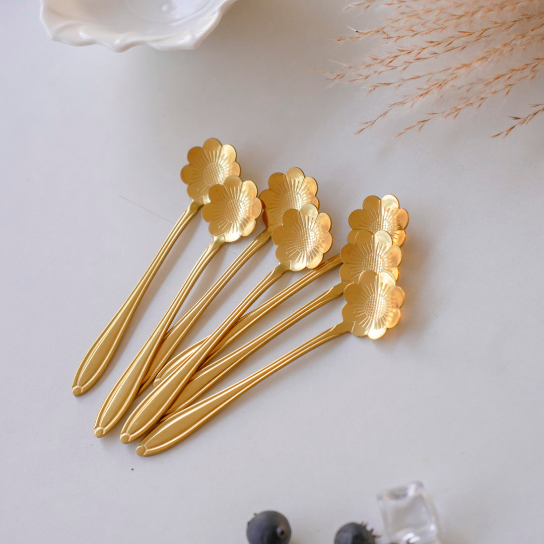 Small Dessert & Tea Spoons | Set of 6 | Gold Chrysanthemum Flower - Image 7