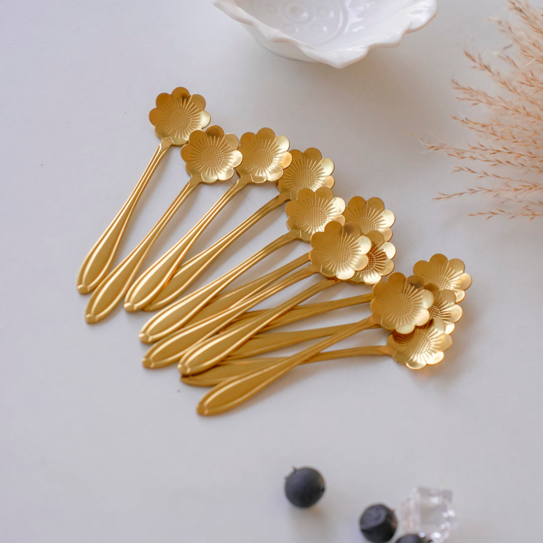 Small Dessert & Tea Spoons | Set of 6 | Gold Chrysanthemum Flower - Image 8