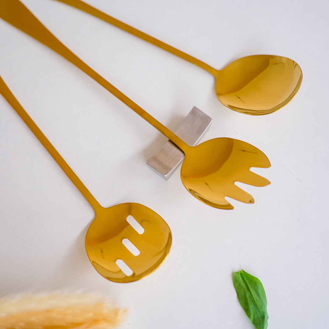 Long Salad & Serving Spoons - Set of 3 | Gold Stainless Steel - Image 2