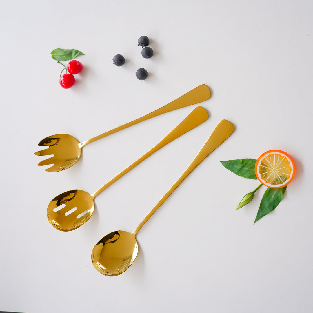 Long Salad & Serving Spoons - Set of 3 | Gold Stainless Steel - Image 3