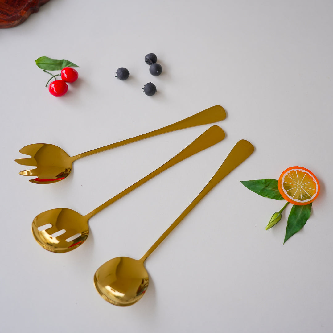Long Salad & Serving Spoons - Set of 3 | Gold Stainless Steel - Image 5
