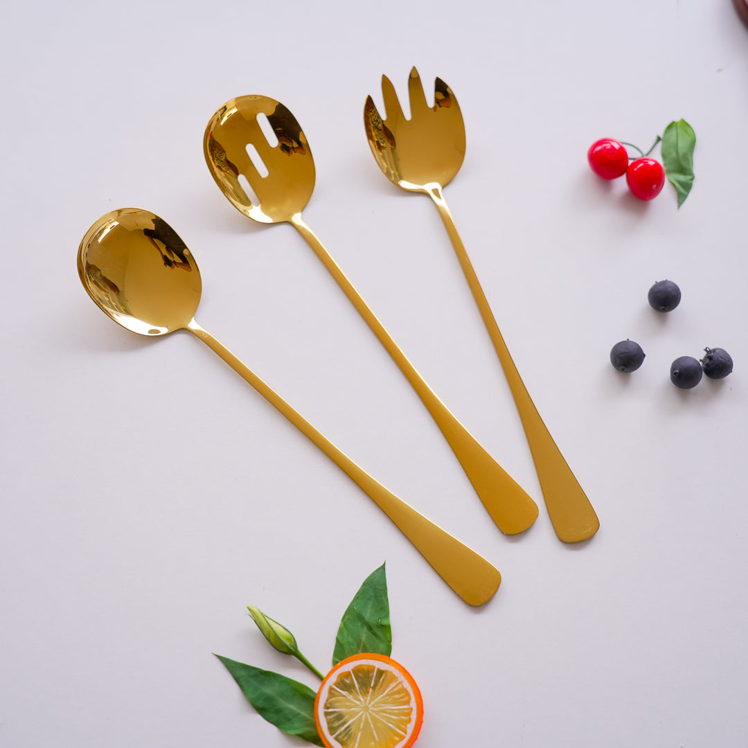 Long Salad & Serving Spoons - Set of 3 | Gold Stainless Steel - Image 4